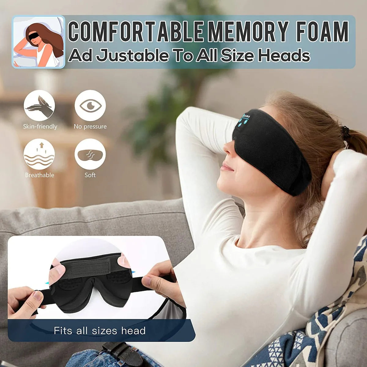 Sleep Headphones 3D Bluetooth 5.0 Headband Wireless Sleep Artifact Breathable Music Eye Mask Earbuds for Side Sleeper,Air Travel