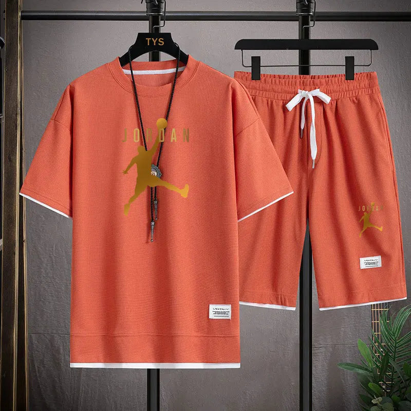 A 2025 new summer outdoor short-sleeved round-neck T-shirt and breathable shorts two-piece fashionable sporty casual suit