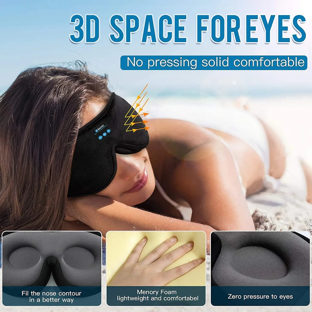 Sleep Headphones 3D Bluetooth 5.0 Headband Wireless Sleep Artifact Breathable Music Eye Mask Earbuds for Side Sleeper,Air Travel