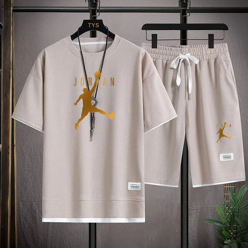 A 2025 new summer outdoor short-sleeved round-neck T-shirt and breathable shorts two-piece fashionable sporty casual suit