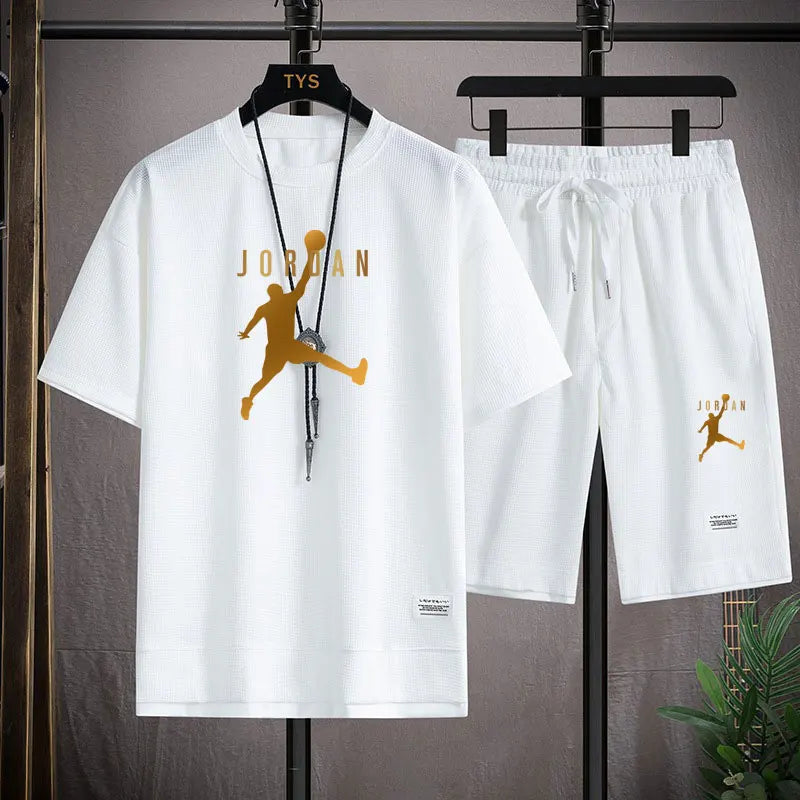 A 2025 new summer outdoor short-sleeved round-neck T-shirt and breathable shorts two-piece fashionable sporty casual suit