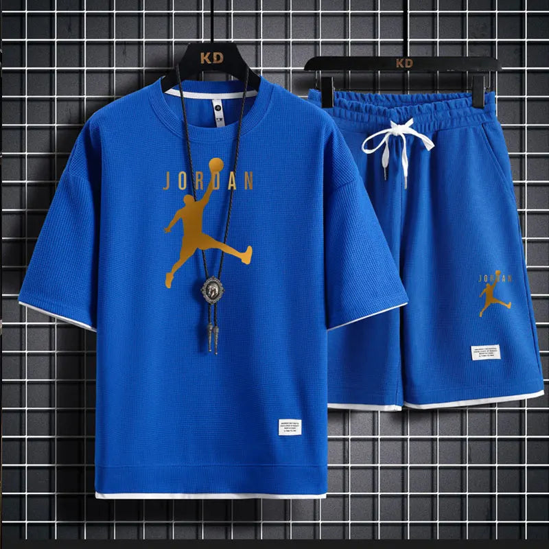 A 2025 new summer outdoor short-sleeved round-neck T-shirt and breathable shorts two-piece fashionable sporty casual suit