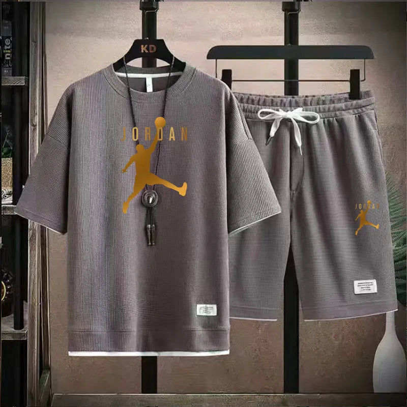 A 2025 new summer outdoor short-sleeved round-neck T-shirt and breathable shorts two-piece fashionable sporty casual suit