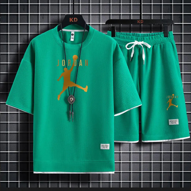 A 2025 new summer outdoor short-sleeved round-neck T-shirt and breathable shorts two-piece fashionable sporty casual suit