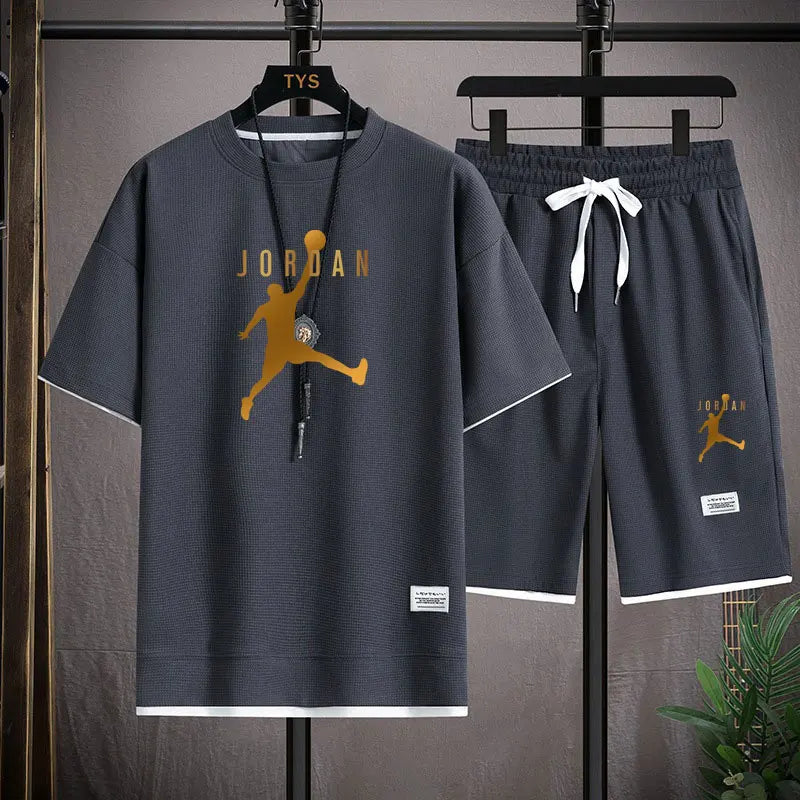 A 2025 new summer outdoor short-sleeved round-neck T-shirt and breathable shorts two-piece fashionable sporty casual suit