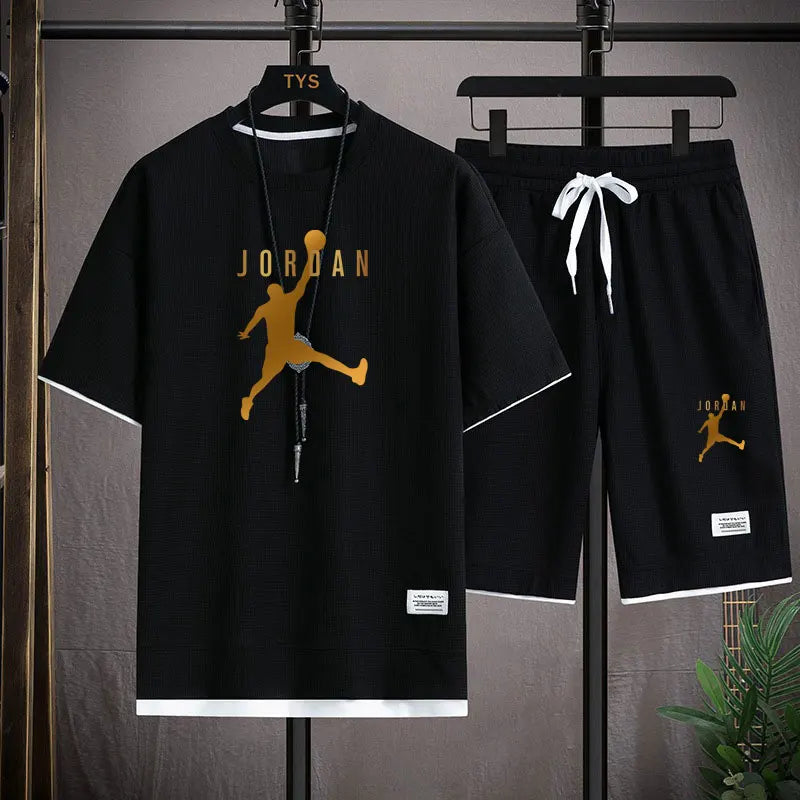 A 2025 new summer outdoor short-sleeved round-neck T-shirt and breathable shorts two-piece fashionable sporty casual suit