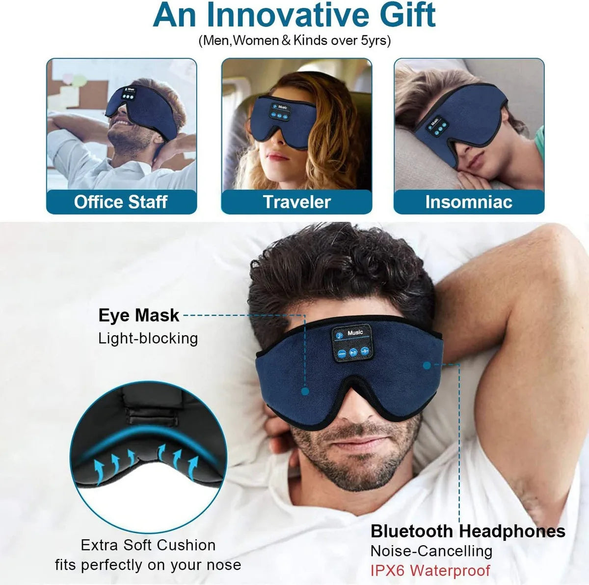 Sleep Headphones 3D Bluetooth 5.0 Headband Wireless Sleep Artifact Breathable Music Eye Mask Earbuds for Side Sleeper,Air Travel
